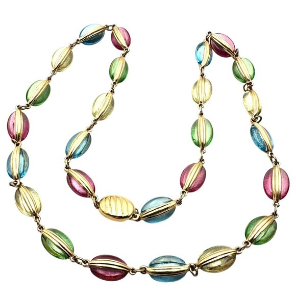 Swarovski Multicolor Crystal Necklace Gold Tone Swan Signed 22 Inch Pastel - Picture 1 of 4